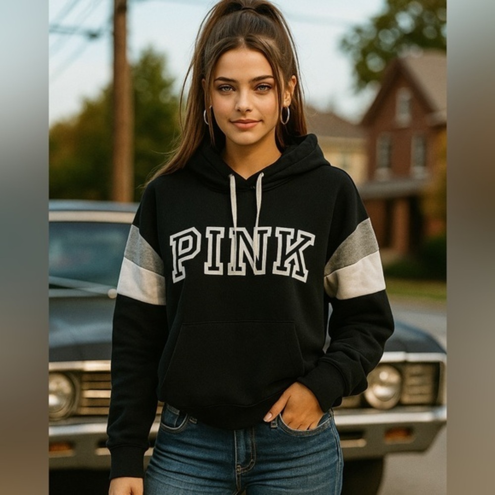 VICTORIA’S SECRET PINK Y2K Sherpa Lined Cowl Neck Black Gray White Sweatshirt